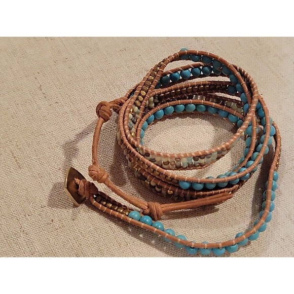 NAKAMOL Beaded Leather Wrap Bracelet Necklace Turquoise Earth Gold tones to 36" - Picture 7 of 8
